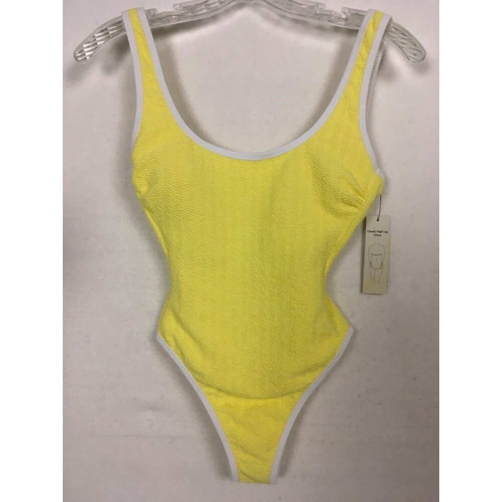 No Boundaries 1 Piece Swimsuit Size XS Yellow White Cheeky High Leg Padded New